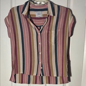 Rails WhitneyParadise metallic stripe roll sleeve button top highlow hem rayon M